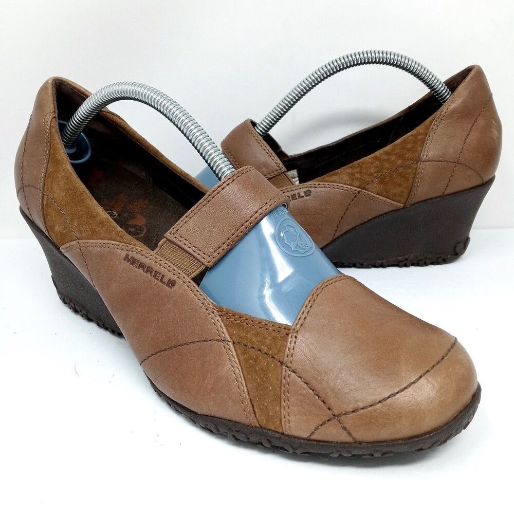Merrell Mary Jane Wedges Womens Size 9.5 Brown Leather Shoes Vibram Sole
